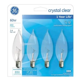 GE  Crystal Clear CA Type Candelabra Base 60W 4ct Light Bulbs