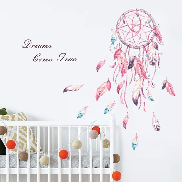 decalmile Dream Catcher Wall Sticker Feathers Flower Quotes Dreams Come True Wall Decoration Baby Girl Nursery Child