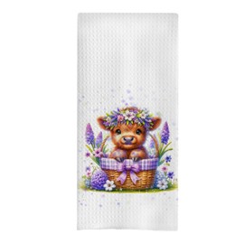GCFET Highland Cow Dish Towels - Highland Cow Floral Decorative Waffle Kitchen Towels, Highland Cow Hand Towels for Bathroom Kitchen, Highland Cow Tea Towels (16x24 Inch)