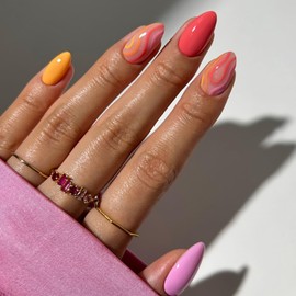 24 Pcs Cute Nails Short Press on Nails Almond Fake Nails RIICFDD False Nails with Colorful Candy Color Curve Design Acrylic Nails Full Cover Loveliness Glue on Nails for Women and Girls Nail Decor