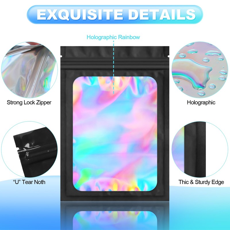 100 Pieces Smell Proof Mylar Bags- Resealable Holographic Packaging Pouch