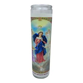 Virgen desata nudos 14 oz vaso grande una pieza prayer candle one piece 14 oz tall glass oración al reverso en español Blanca sin aroma