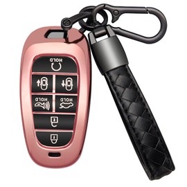 Kespevn for Hyundai Key Fob Cover 7 Button with Leather Keychain Soft TPU 360 Degree Protection Car Key Case Shell Holder Fits for 2023 2022 2021 2020 Hyundai Sonata Santa fe Tucson, Rose Gold