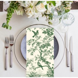 Cerise 100 Green Toile Paper Napkins Spring Floral Bird Guest Bathroom Hand Towels