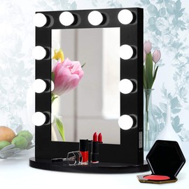 GLACER Hollywood Vanity Mirror with Lights, LED Illuminated Cosmetic Mirror with LED Dimmable Bulbs and Detachable Base (Black)