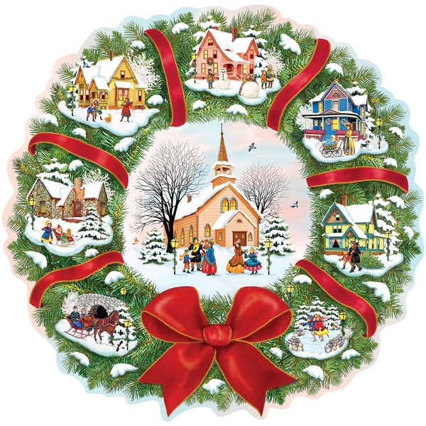 Bits and Pieces - 750 Piece Shaped Puzzle - The Village Wreath, Christmas, Wreath, Holiday - by Artist Rosiland Solomon - 750 pc Jigsaw