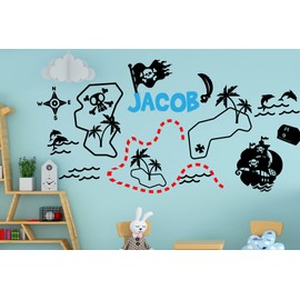 Custom Name Pirate Map Wall Decal | Peel and Stick Pirate Wall Decor | Map for Kids | Sticker Wall Decal | (16"Hx33"W)