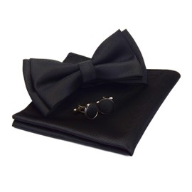 Silk Bow Ties For Men Black Pre-tied Solid Bowtie and Pocket Square Cufflink Sets (UK0577-12)