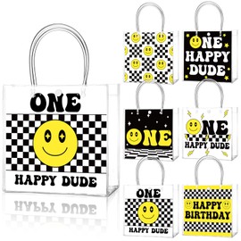 Teenyyou 24 Pcs One Happy Dude Clear Gift Bags with Handles One Happy Dude Party Favor PVC Goodie Treat Candy Tote Plastic Gift Bags for 1st Birthday Party Decor