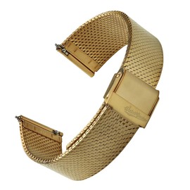 WatchGecko Calibre 1960 Mesh Watch Strap, Ultra-Flat Steel Band, Vintage-Inspired, PVD Gold, 20mm