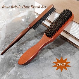 Bristle Hair Brush, 2 PCS Boar Bristle Hair Brush Set for Men Women perfect bristle hair brush for slick back hair wet hair and beard grooming Rat Tail Comb Teasing Comb Edge Beard Brush for Slicking Hair Beard (2PCS)