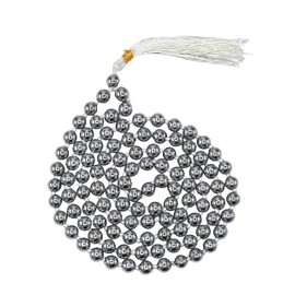Amazing Gemstone Silver Hematite Buddhist Prayer Beads Japa Mala with 108 Meditation Beads(Hand Knotted)