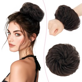 SEGO Human Hair Messy Bun Scrunchie Updo Real Bun Hair Piece Donuts Updo Chignon for Women Ponytail Hair Extension VOLUMINOUS Curly Wavy- #1B Natural Black