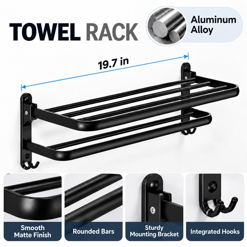 Foldable Wall Mount Towel Rack with Hooks – Black Steel
