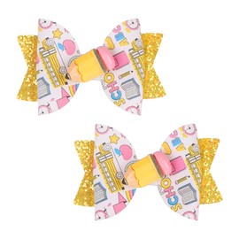 Kistreao Back to School Bow Hair Clips 2Pcs Yellow Pencil Hair Barrettes Glitter Hair Bows Hair Pins Cute Hair Accessories for Women Girls Welcome Back to School Party Favors