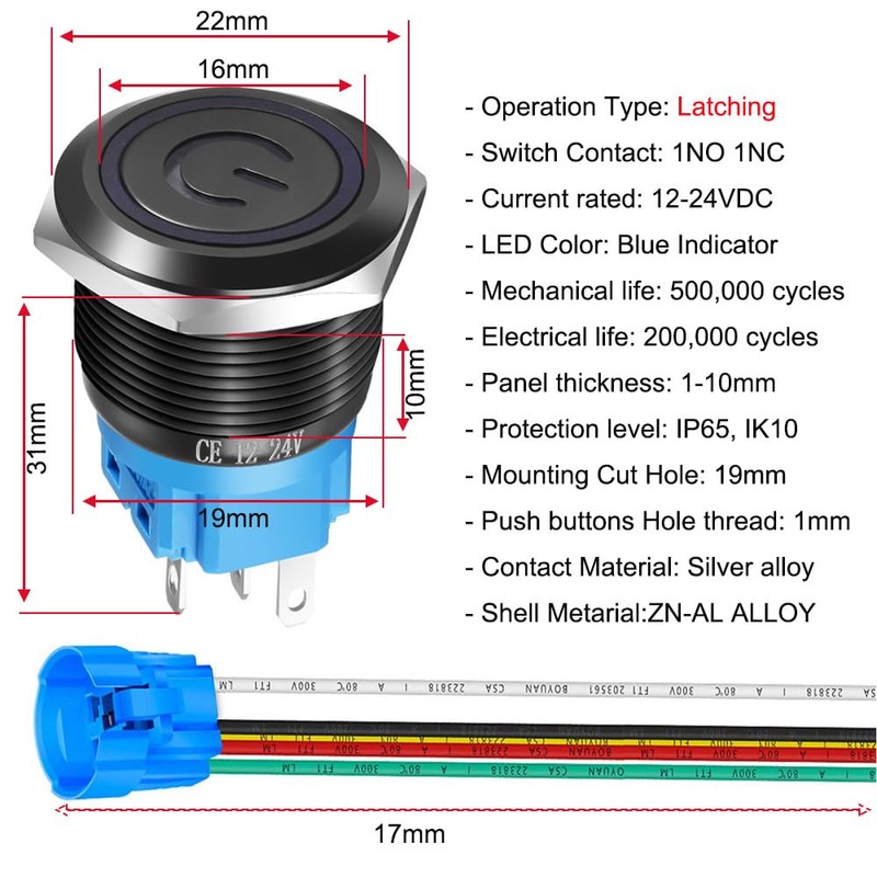 Gebildet 19mm 12V-24V/5A Stainless Steel Latching Push Button Switch Power