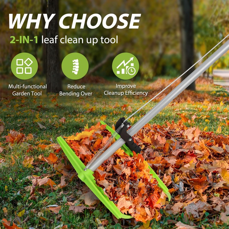 2-in-1 Leaf Grabber Rake, Back Saving Leaf Collector Tool with