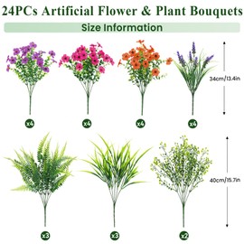 Alupssuc 24 Bundles Artificial Flowers for Outdoors Spring Summer Decoration, UV Resistant Eucalyptus Violet and Lavender Silk Fake Plants for Outside Indoor Yard Home Patio Decor, Orange Rose Purple