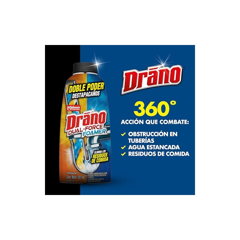 Drano Destapacaños, Espuma, Olor Neutro, Dual Force Foamer, 500 ml