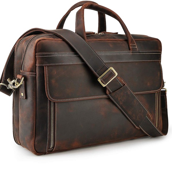 Vintage Genuine Leather Briefcase for Men 17 Inch Laptop Computer Case Business Travel Work Messenger Cross Body Shoulder Bags, Brown