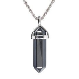 Natural Hematite Gemstone Hexagonal Pointed Reiki Chakra Pendant Necklace 20" High-Grade Iron Gift Box