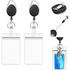 Retractable ID Badge Holder with Clip - Y.L. DOYMX 2 Pack Heavy Duty Retractable Badge Holders with Key Ring, 24 inches Pull Cord, Plastic Waterproof Vertical Clear Card Holders