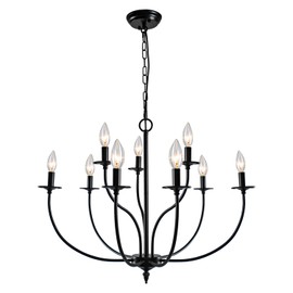 Rviezza Black Chandelier, 9 Light Industrial Iron Farmhouse Chandeliers, 2-Tier Candle French Country Chandelier for Living Room Dining Room Bedroom Foyer