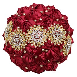 Gkvszy Dark Red Bridal Wedding Bouquet with Gold Rhinestone Pearl for Quinceanera Bride Bridesmaid Satin Rose Flower Brooch Bouquet Wedding Dark Red 7.1in
