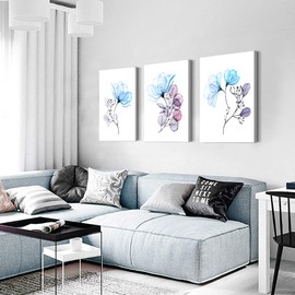 Modern blue flowers Canvas Wall Art for bedroom Living Room,Bathroom Wall Decor,3 Panels Wall Painting Home Decoration kitchen Canvas Print Abstract watercolor flowers and leaves artwork wall mural