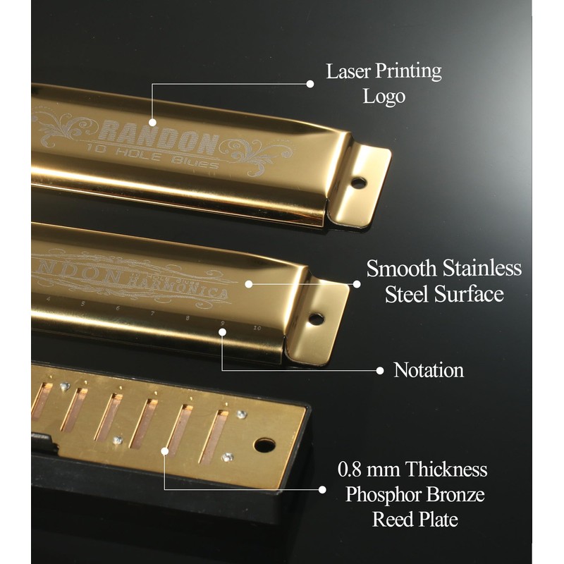 Randon Golden Harmonica Key of C with Case, 10 Holes