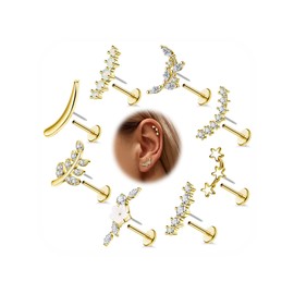 Masedy 8PCS 16G 14K Gold Threadless Cartilage Stud Earrings for Women 316L Stainless Steel Push in Earrings CZ Helix Flat Back Stud Earrings Hypoallergenic Flower Star Leaf Conch Earrings Gold 8mm