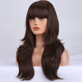 WTHCOS Mullet Wigs for Women Long Wavy Layered Brown Wig With Bangs Heat Resistant Synthetic Wigs for Cosplay Costume Party