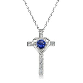 B. BRILLIANT Sterling Silver Synthetic Blue Spinel and White Topaz Heart in Cross Necklace for Women