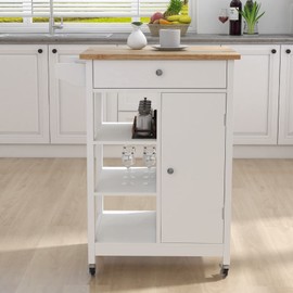 FRITHJILL Kitchen Island Cart, Rolling Trolley Cart with rubberwood Tabletop, Easy Assembly - White