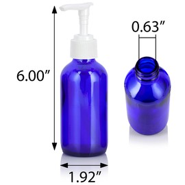 4 oz Cobalt Blue Glass Boston Round Bottle with White Lotion Pump (4 Pack) + Funnel I Refillable Empty Storage Containers