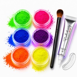 6 Color UV Reactive Neon Pigment Powder Set – Blacklight Festival Party Makeup Kit with Eyeshadow Primer & Brush – Bright Fluorescent Loose Powder for Face & Body, Halloween Rave Makeup (Pro Kit)