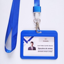 Sormasha Porta Gafete Plástico Horizontal Alta Calidad, Acollador Clip-Anillo y Mosqueton Giratorio Mod SOPP-9303 Azul