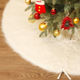 Lewondr Christmas Tree Skirt, Soft Plush White Tree Skirt, 48-inch Skirt for Christmas Tree Over 6 Feet, Snowy Xmas Tree Skirt for Home, Shop, Party, Christmas Decoration, White
