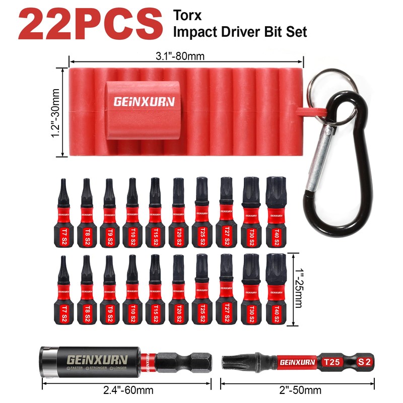 Geinxurn Impact Torx Screwdriver Bits Set,22 Pcs 1"/2" Magnetic (T7-T40)