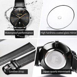 OLEVS Mens Watches Date Ultra Thin Minimalist Fashion Casual Analog Quartz Watch Slim Simple Big Face Waterproof Dress Wrist Watches with Leather Band for Men