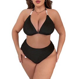 MakeMeChic - Traje de baño de 2 piezas para mujer, talla grande, triángulo, traje de baño de cintura alta, Negro -, X-Large Plus