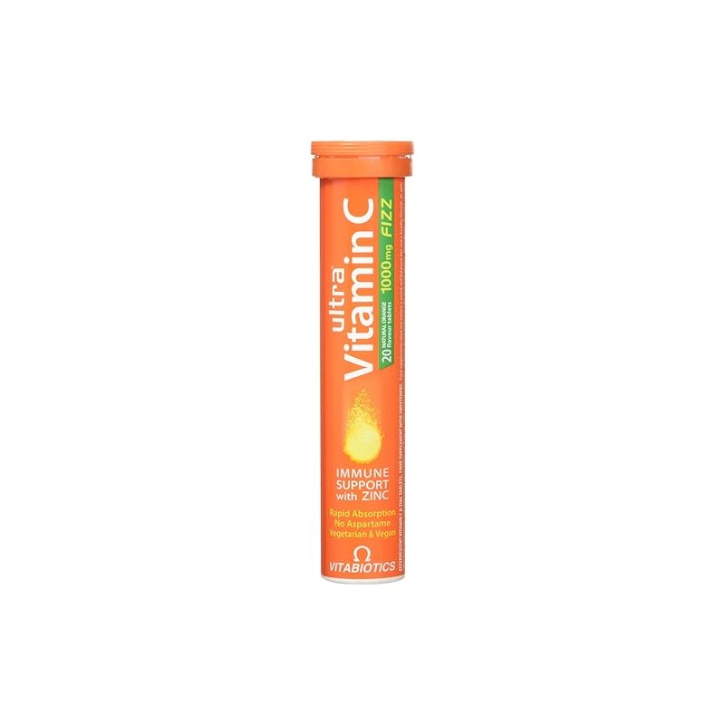 Vitabiotics Ultra Vitamin C Effervescent, Dissolvable with Zinc, Orange Flavour,