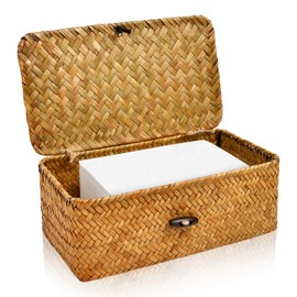 SULICRE Dryer Sheet Holder, Woven Seagrass Dryer Sheet Container with Lid, Farmhouse Dryer Sheet Box Decor, Dryer Balls Dispenser for Laundry Room Organization and Storage-Natural Color