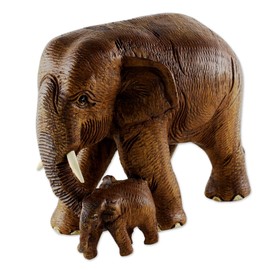 NOVICA Brown Animal Themed Teak Wood Sculpture, Love and Care in Brown'