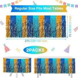Morcheiong 2 Pack 29.5x108 Inch Foil Fringe Tinsel Table Skirts Disposable Table Skirt Banner for Rectangle Tables Tinsel Backdrop Curtain Party Supplies Parade Floats Decorations (Light Blue Orange)