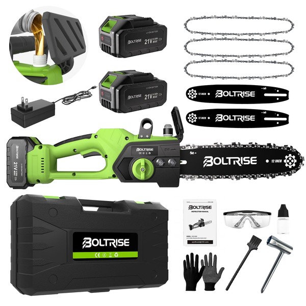 BOLTRISE 12 Inch Cordless Brushless Electric Chainsaw, 2 × 4.0Ah