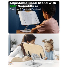 Book Stand for Reading，Woumlaiy Book Stand Book Holder, Adjustable Holder with 360° Rotates Base & Page Clips,Laptop Stand Cookbook Stand for Desk,Display, Height Adjustable,Foldable