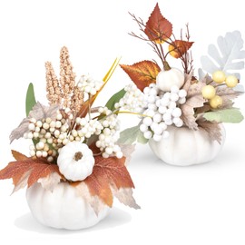 Lvydec 2 Pack Artificial Pumpkins with White Maple Leaves and Berries, Fall Pumpkin Decoration for Table Centerpiece,Thanksgiving and Home Decor