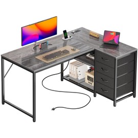 PRAISUN 43.3" Small Computer Desk with Power Outlets and USB-C Port, Reversible L Shaped Corner Office Desk with 4 Fabric Drawers and 2 Height-Adjustable Shelves, for Gaming Writing, Grey