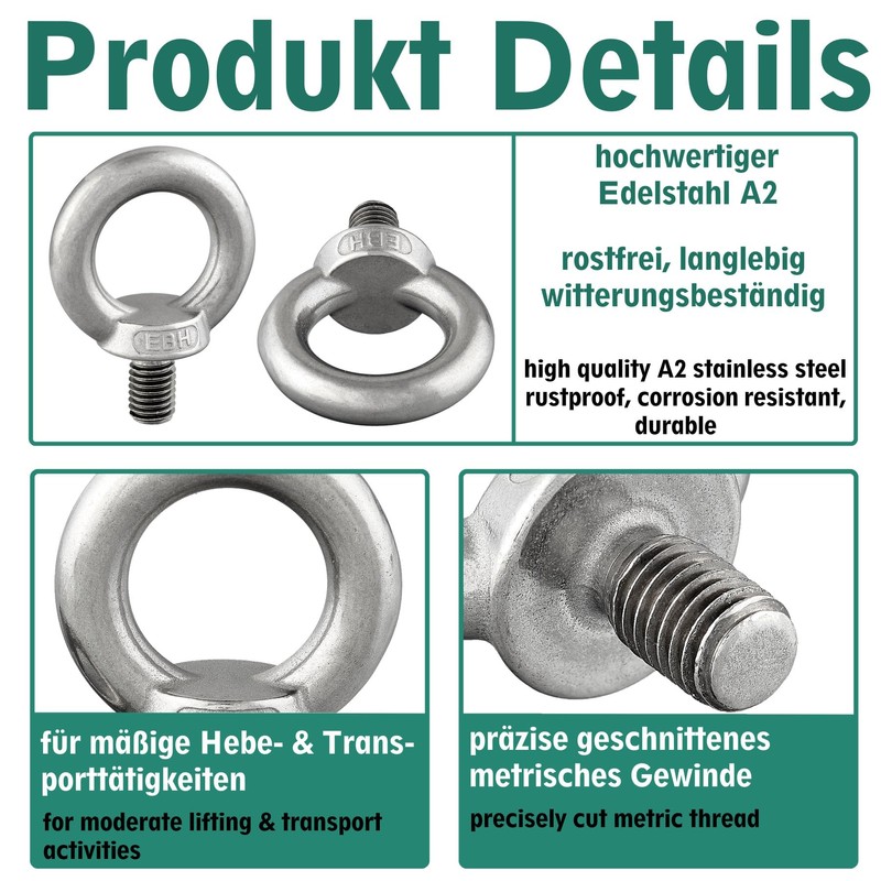Eye Bolt Similar to DIN 580, Cast and Polished Stainless